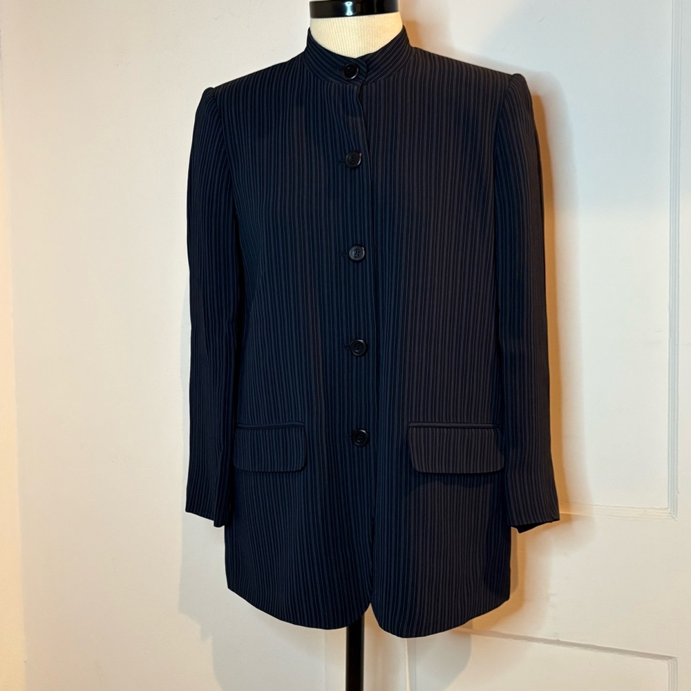 Vintage 80s 90s Liz Claiborne petite navy pinstriped mandarin Nehru blazer